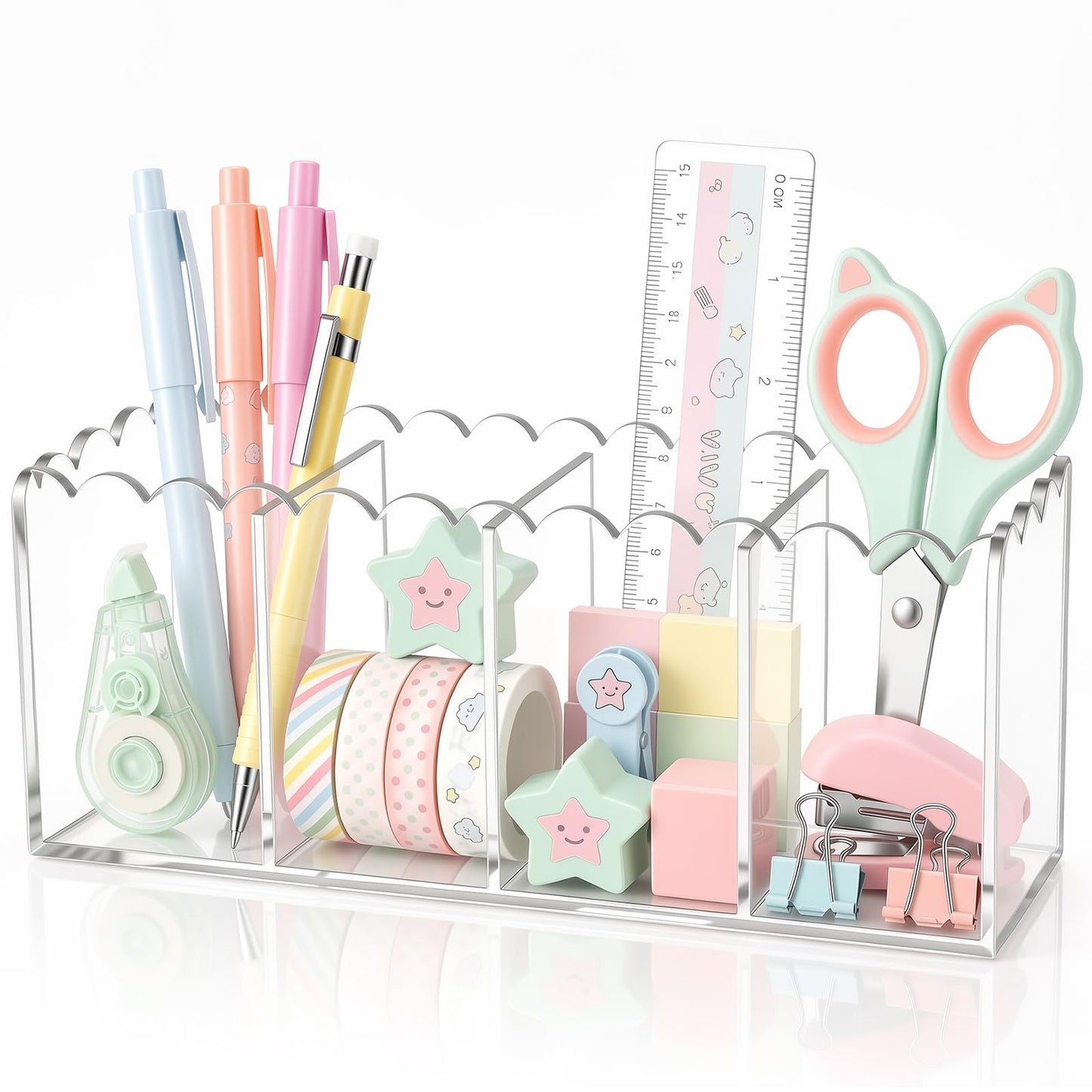 Tosstuki Scalloped Acrylic Pencil Holder for Desk, Clear Pen Organizer with 4 Compartments, Marker Makeup Brush Holder Remote Caddy for Home, Office, Bathroom, Classroom, Table