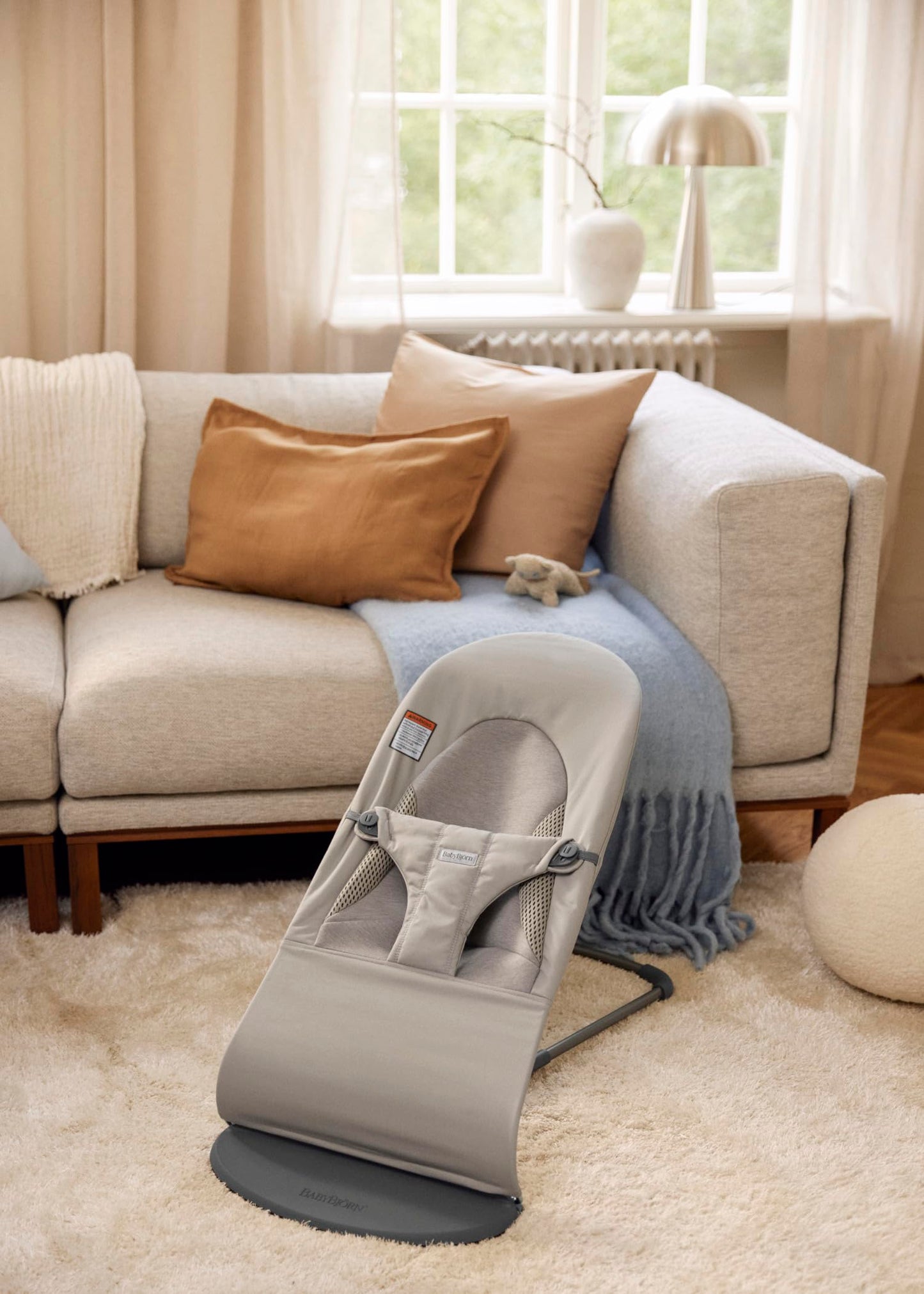 BabyBjörn Bouncer Balance Soft, Tri-Fabric, Sand Grey | 2-in-1 Adjustable Baby Bouncer Seat and Toddler Chair, Newborn to Toddler (8-29 lbs), 4 Positions, Lightweight & Portable