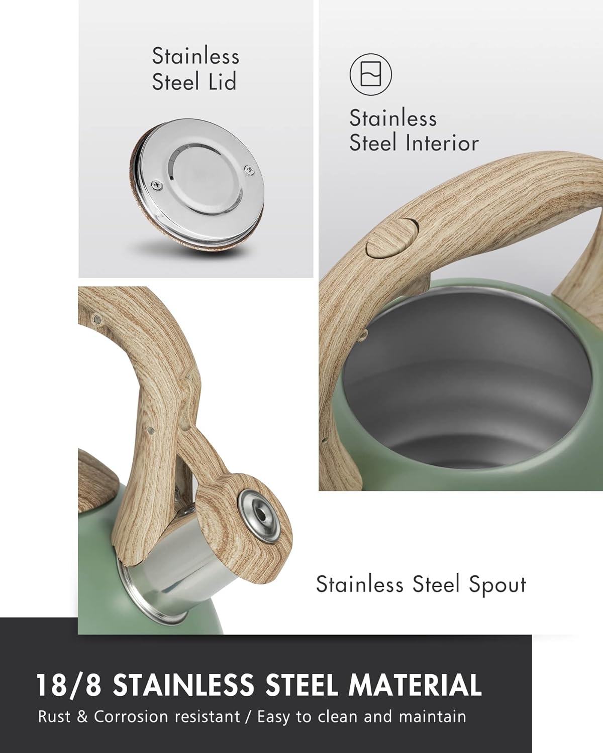 2.7 (JX2020-SB30) Poliviar Tea Kettle, Quart Seaweed Green Finish with Wood Pattern Handle Loud Whistle Food Grade