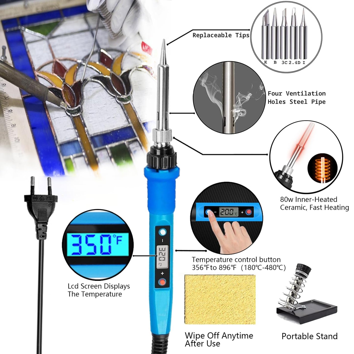 Stained Glass Kit, Stained Glass Supplies, Stained Glass Kits for Beginners, with 80W Soldering Iron Kit, Glass Cutter Tool Kit, Copper foil Tape, Cut Resistant and Welding Gloves