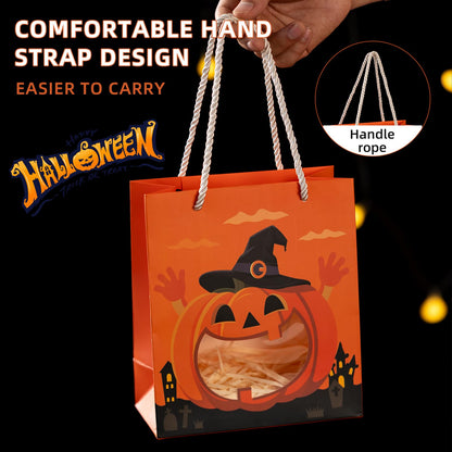CcXxMming 30 PCS Halloween Treat Bags with Handles and Raffia Grass, 3 Designs Pumpkin Ghost Bat, Small & Medium Sizes, Halloween Candy Goodie Bags with Transparent Window, Party Favor Bags（Medium）