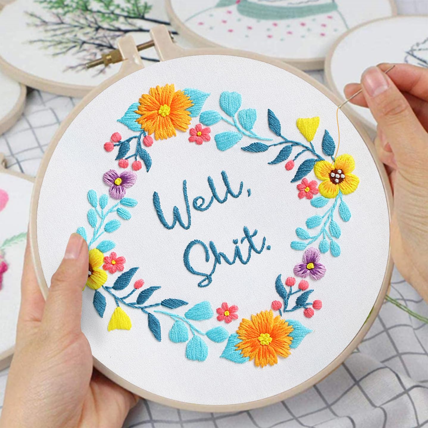Louise Maelys 3 Sets Funny Embroidery Kits for Beginners,Cross Stitch Kit for Adults,DIY Starters Needlepoint with Flower Wreath Pattern,Including Instruction and Threads