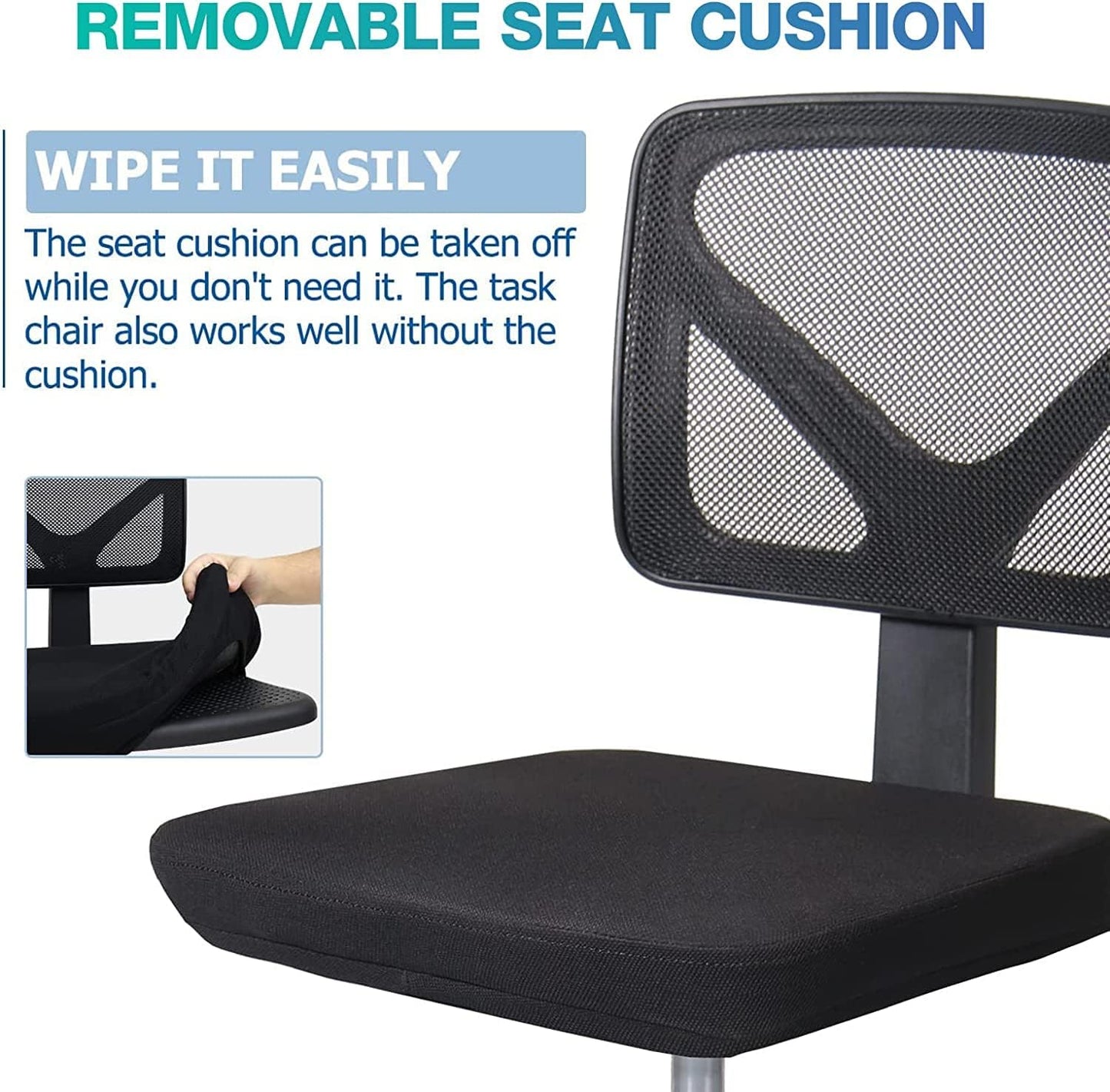 AFO Small Desk Chair, Armless with Ergonomic Lumbar Support, Adjustable Height, 360 Degree Swivel