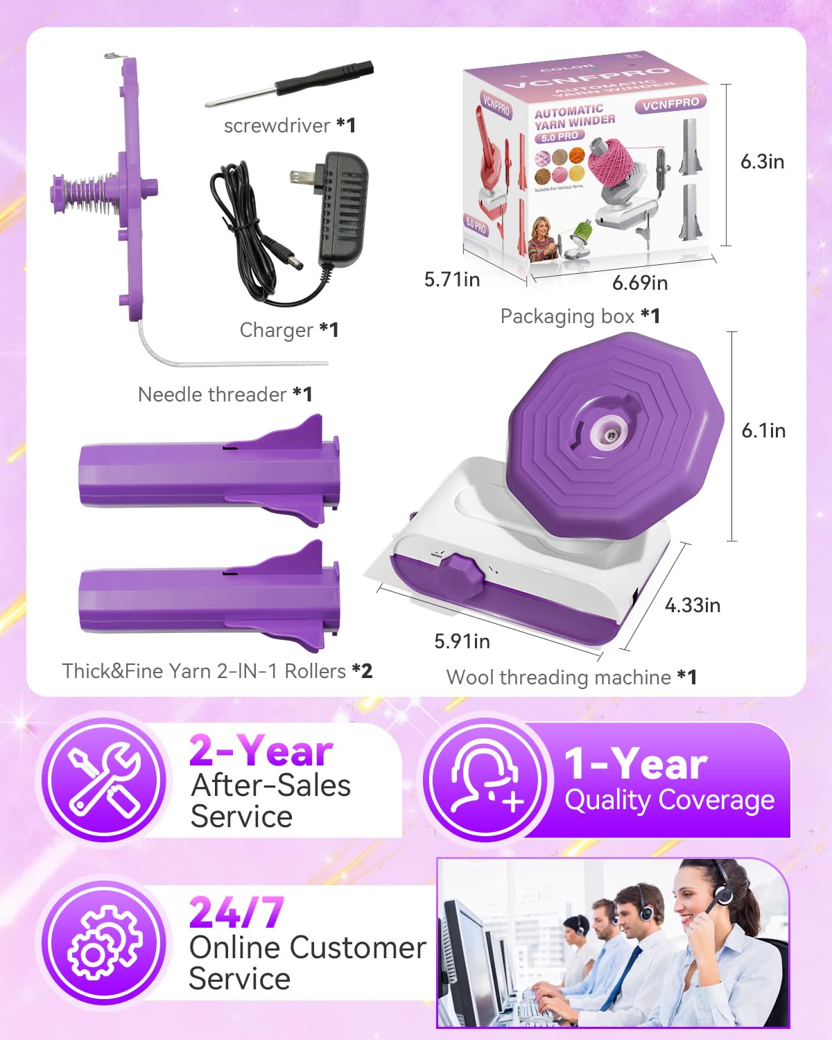 5.0 Upgraded Electric Yarn Winder【Top1 RPM German Motor】【SGS-Grade Precision Gears】Wool Yarn Ball Winder Compact Automatic for Crocheting Super Strong Tension, Ideal for Home and Studio (Purple White)