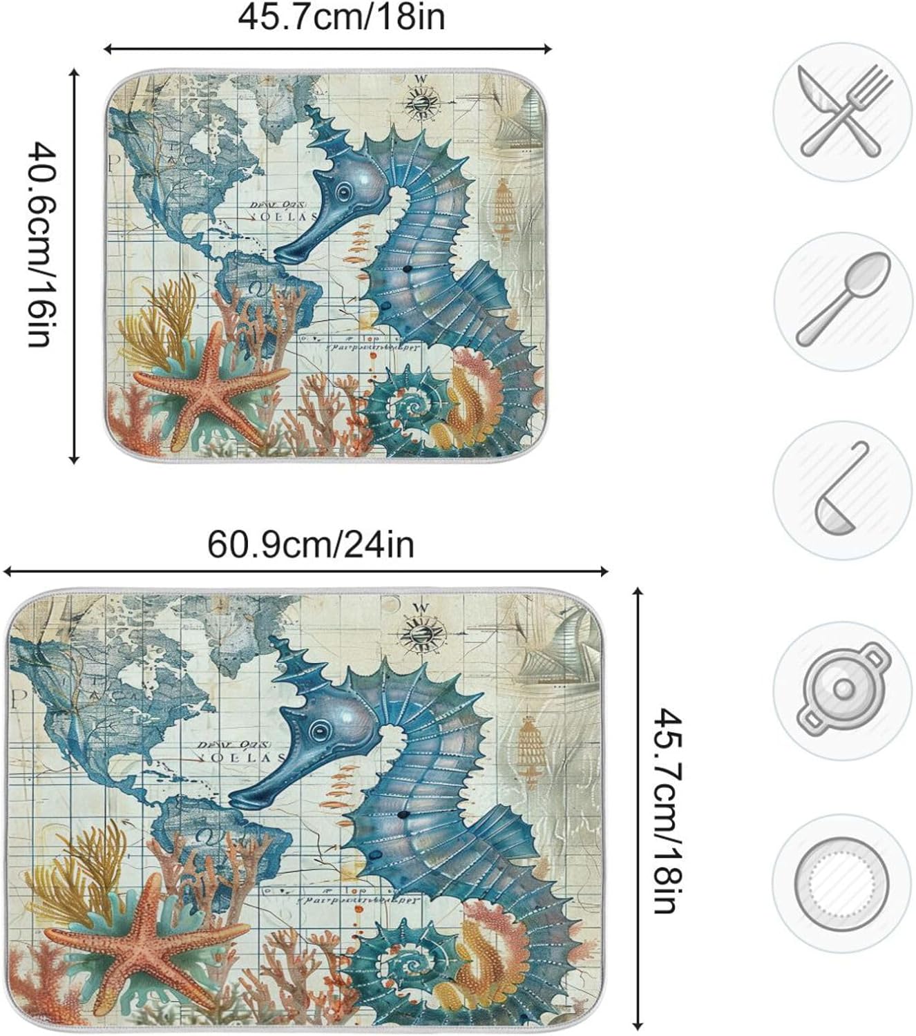 Nautical Ocean Seahorse Dish Drying Mat, 16x18 in Retro Map Microfiber, Absorbent Reversible Kitchen Accessories