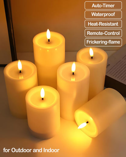 Gmnee 3"x6" Outdoor Waterproof Flameless Candles with Remote and Timers, LED Candles, Battery Operated Candles, Electric Fake Pillar Candles for Patio, Porch, and Lanterns Decor (White, Plastic)