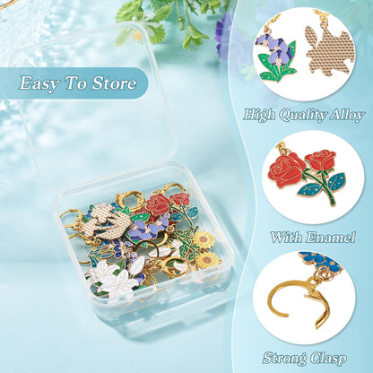 Magibeads 12Pcs Crochet Stitch Markers Alloy Enamel Flower Pendants with Brass Clasps Golden Flower Charms Stitch Markers for Crocheting Knitting Notions Sewing Knit Zipper Pull DIY Supplies