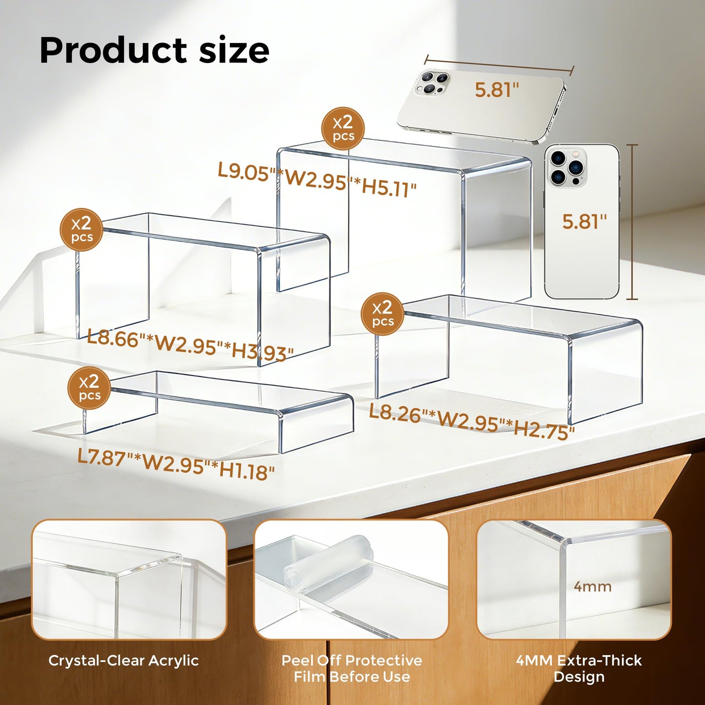 ZXQIRAX Acrylic Display Risers 8 Pcs - Clear Acrylic Shelves & Display Stand, Rectangular Risers for Cupcake, Retail & Desktop, 4 Sizes (7", 8", 9")