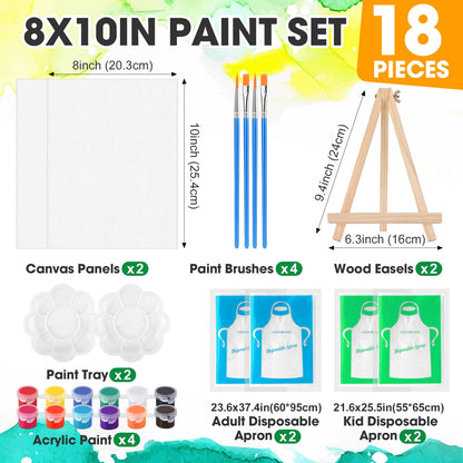 ESRICH 2 Pack 8x10 Canvas and Easel Set, Mini Acrylic Paint, Paint Brushes, Palettes, Aprons, Sip and Paint Kits for Adults Couples Friends Date Night Painting Party Supplies