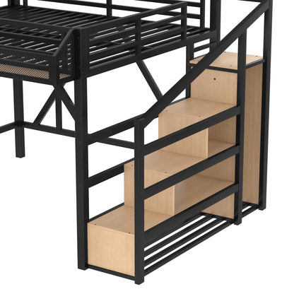 Bellemave Queen Size Loft Bed with Storage Stairs, Beside Shelves and Wardrobe, Queen Metal Loft Bed Frame with USB Ports and LED Lights, Large Under-Bed Space, for Adults,Teens,Boys,Girls, Natural