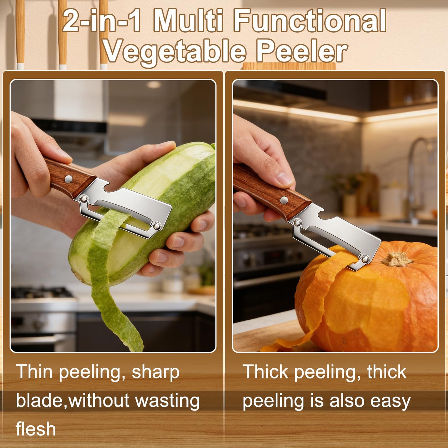 2pcs Premium Vegetable Peeler with Wooden Handle and Bottle Opener, Stainless Steel Blade Peelers for Kitchen Tool for Fruit Apple Potato Pumpkin Papaya