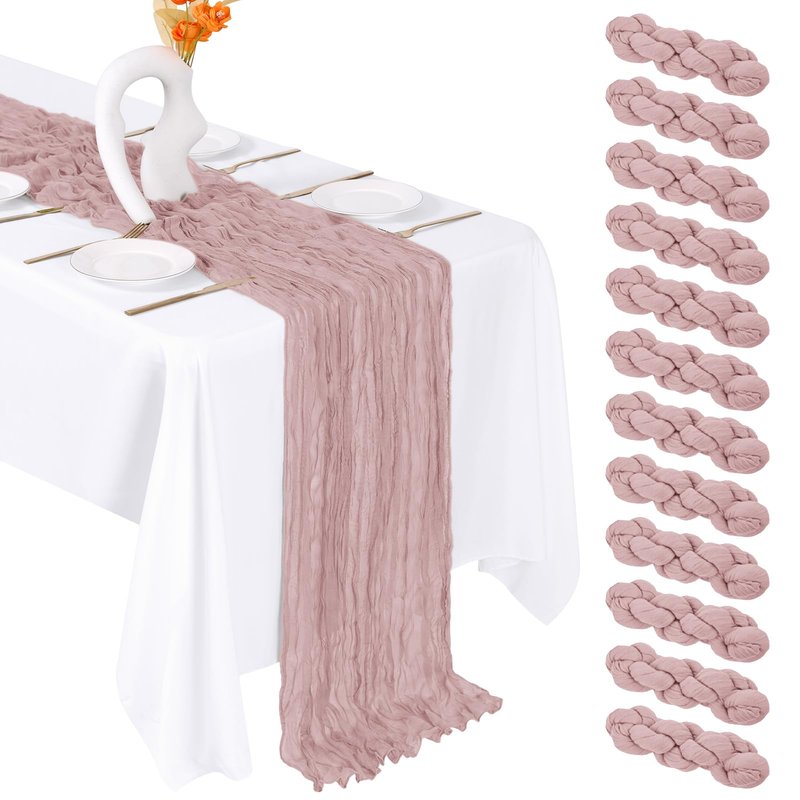 FANTEKE 12 Pack Dusty Pink Cheesecloth Table Runner 20 x 120 Inch Gauze Table Runner Fabric Semi Sheer Cheese Cloth Table Decor Bulk for Rustic Romantic Wedding Baby Shower Party Table Decoration