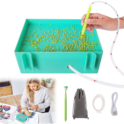 Vacuum Diamond Painting Pen Kit - Electric Bead Picker Upper Tool with Storage Tray, No Wax Needed, USB Powered Rhinestone Applicator for Round/Square Drills, DIY Art Craft Accessories (Green-01)