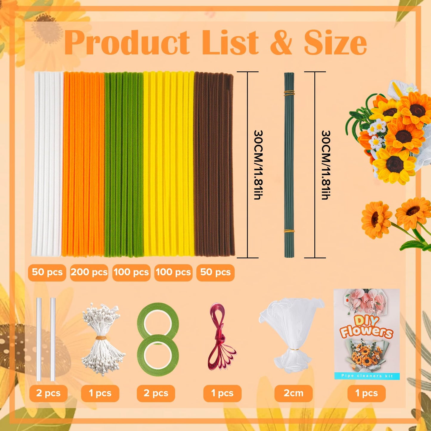 SZXYMUQI 500pcs Pipe Cleaners Craft Kit for Flower Making Sunflower DIY Material Bundle with 20 Stems, 100 Stamens, Ribbon, Tulle, Glue Sticks All-in-One Chenille Stems Art Supplies for Adults Gift