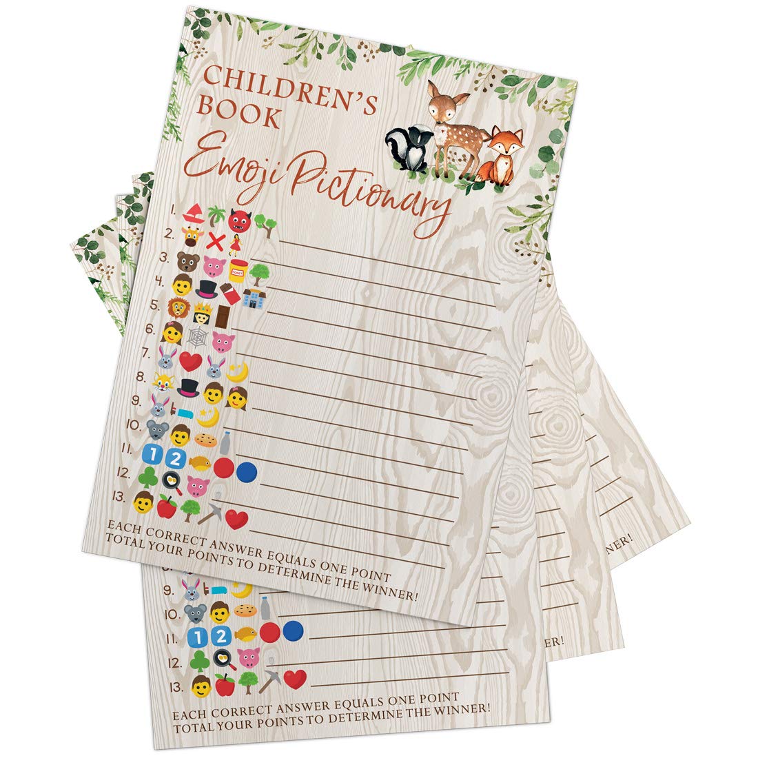 Printed Party Baby Shower Games, Children's Book Emoji Game for Boy or Girl, Woodland Forest Animals Theme, 50 Cards