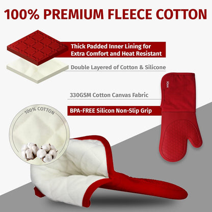 Klex Extra Long Silicone Oven Mitts, 932°F Heat Resistance with Quilted Cotton Liner, 2 Piece Set, 15 inch, Red