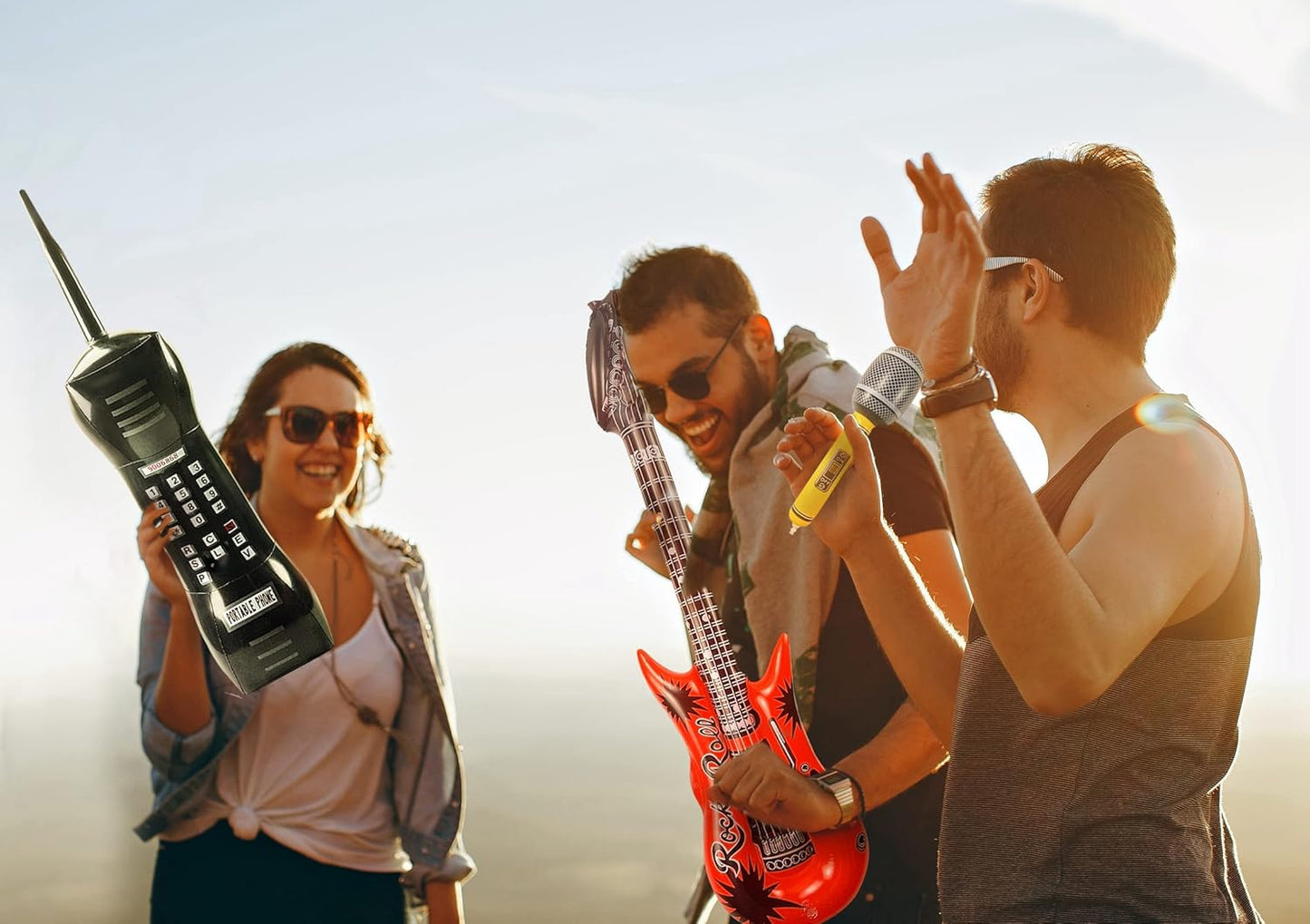 Fraiieon 80s/90s Inflatable Guitar Microphone Boombox Phone for Carnival Theme Party Decorations Hip Hop Photo Booth