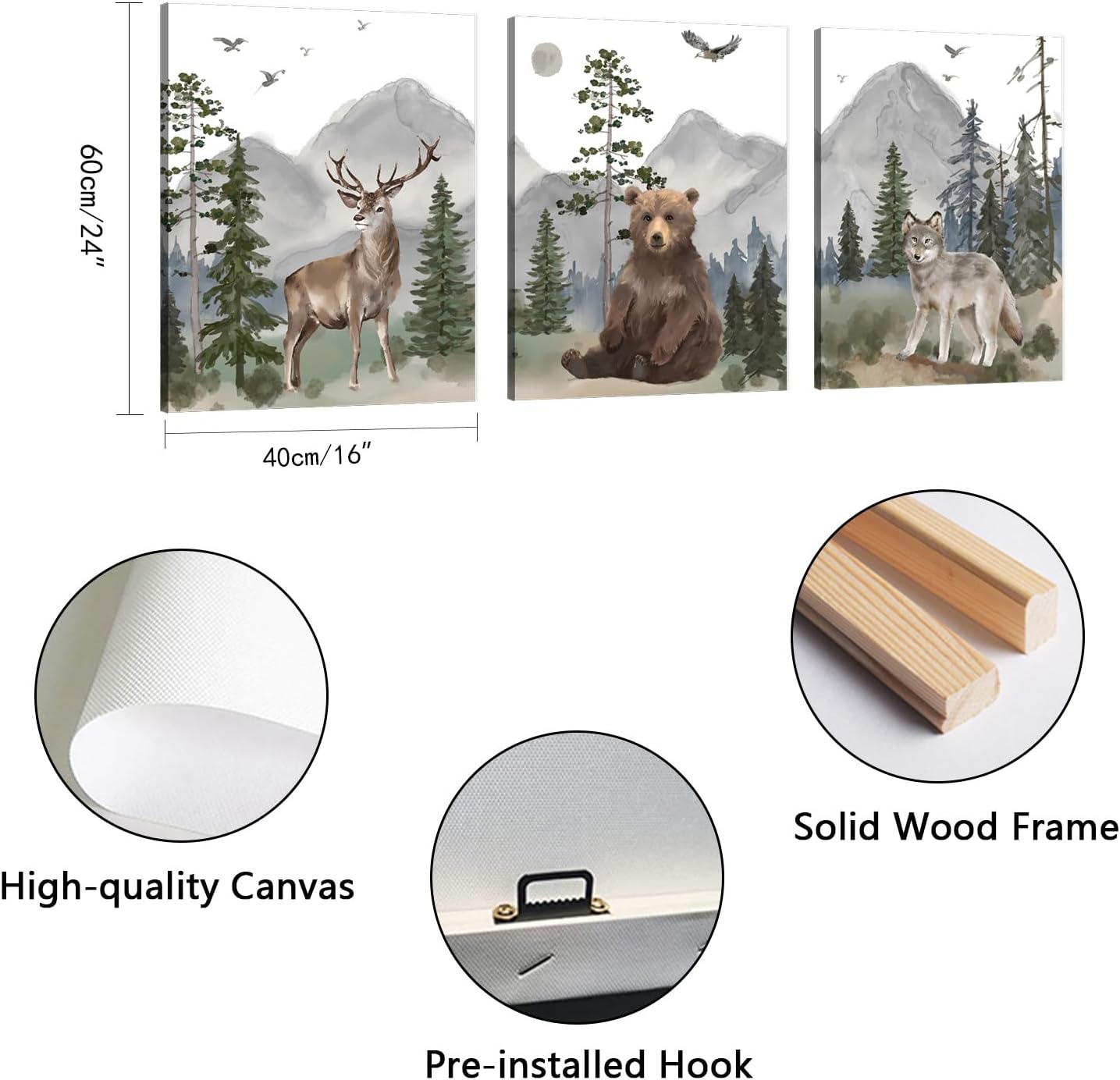 16"x24" Set 3, Woodland Animal Nursery Wall Art: Forest Wildlife Prints Canvas Posters of Wolf Bear Elk Pictures