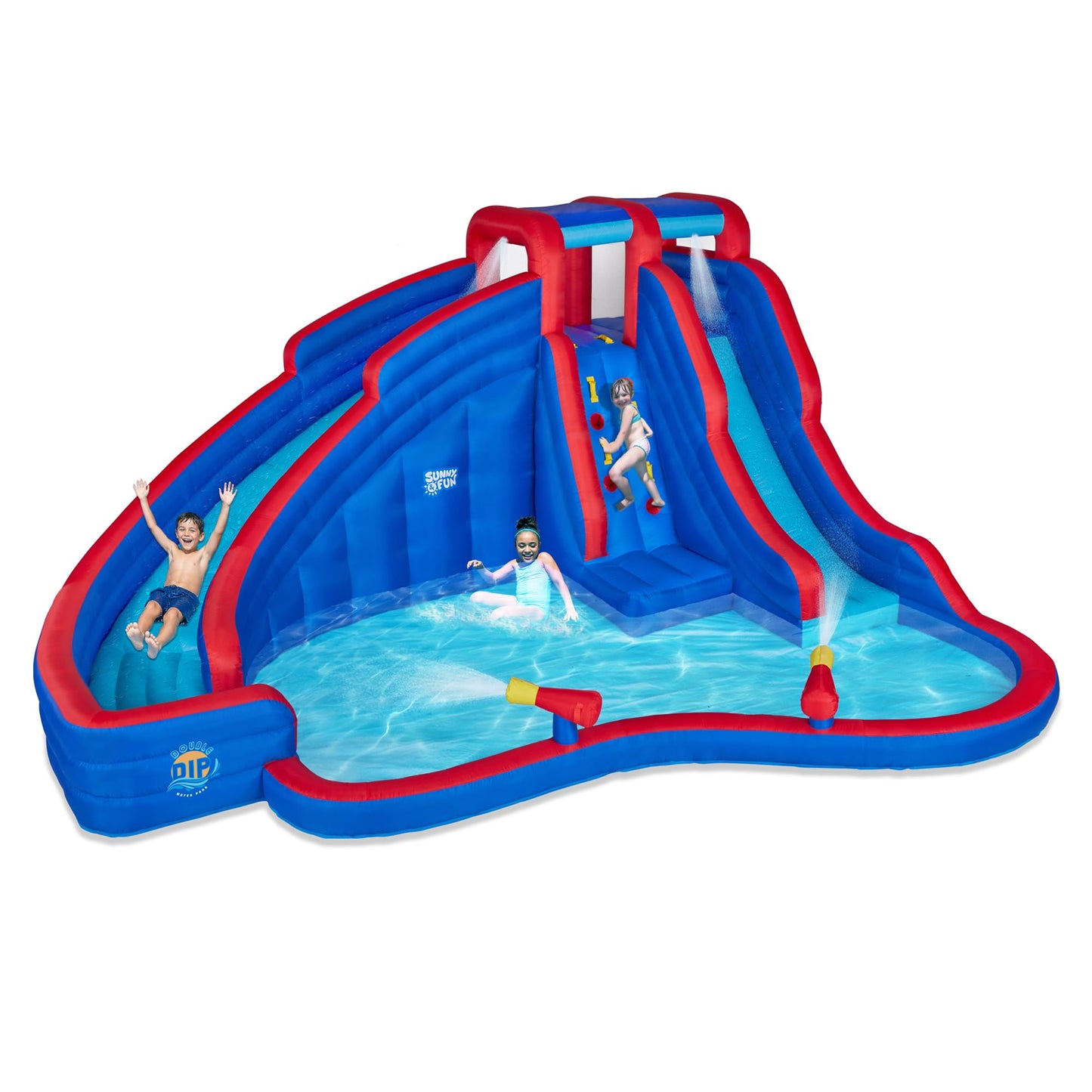 Sunny & Fun Double Dip Inflatable Water Slide Park – Heavy-Duty for Outdoor Fun - Climbing Wall, 2 Slides & Splash Pool – Easy to Set Up & Inflate with Included Air Pump & Carrying Case
