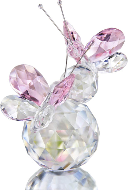 H&D HYALINE & DORA Pink Crystal Cut Double Butterfly Figurine, Handmade Art Glass Collectible Gift, Gift Boxed