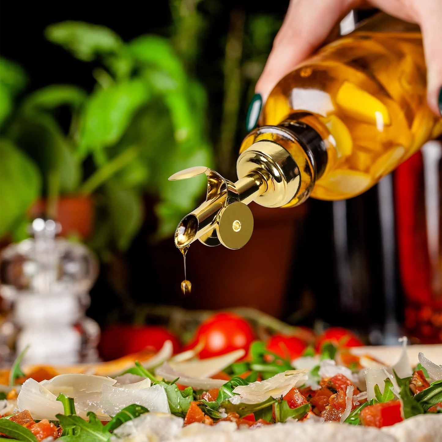 1 Wine(Gold-6Pcs) WAFJAMF Weighted Stainless Steel Bottle Pourers, Auto Flip Feature Self Closing Olive Oil Dispenser