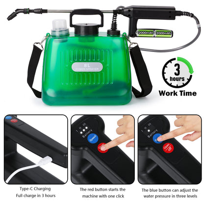 Ramarmro Battery Powered Sprayer 2 Gallon, Electric Sprayer with 4 Mist Nozzles, USB Rechargeable Handle, 32in telescopic Wand, Garden Sprayer with Adjustable Shoulder Strap for Lawn, Garden, Cleaning