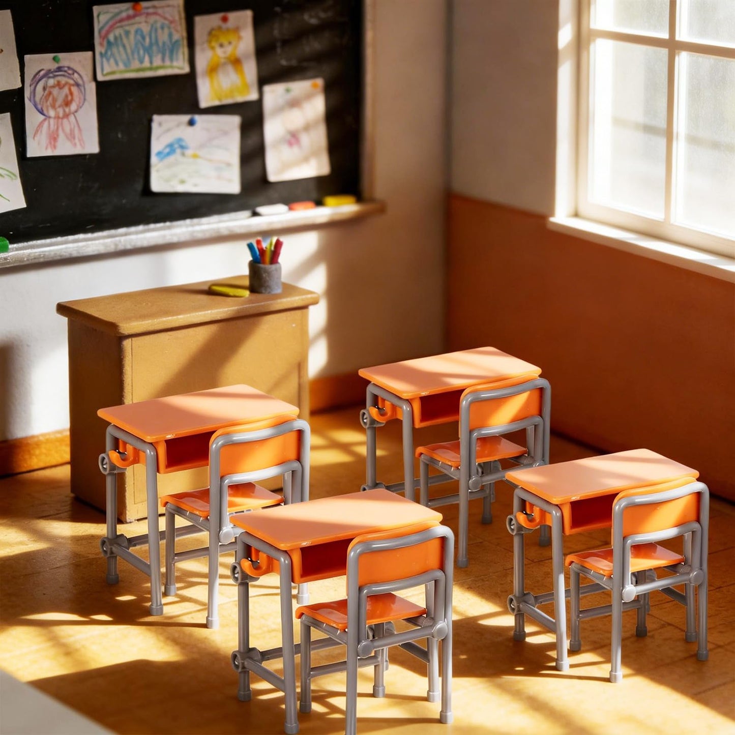 Toddmomy Miniature Plastic Classroom Desk and Chair 4-Set, Realistic Dollhouse School Furniture Accessories for Diorama Decor