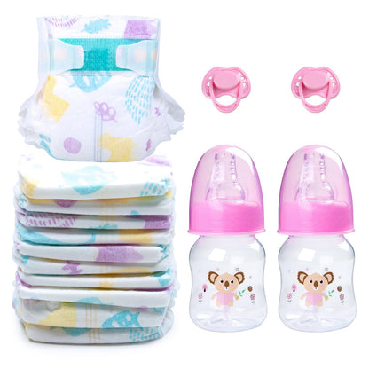 14 pcs Reborn Baby Doll Accessories with Feeding Set - Includes 10 Reborn Baby Doll Diaper , 2 Feeding Bottles and 2 Babydolls Pacifier Accessories