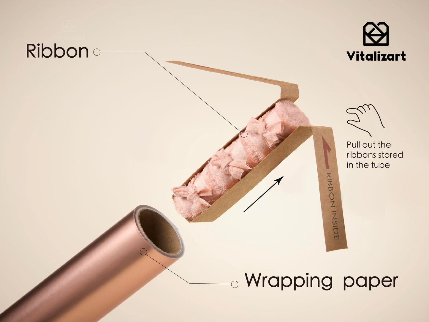 Vitalizart Pink Matte Metallic Wrapping Paper Set 17" With Silk Satin Ribbon & Gift Tags Christmas Gift Wrapping Birthday Baby Shower Wedding Bouquets Handmade Crafts 197"(16.4 Ft) Pink Ribbon