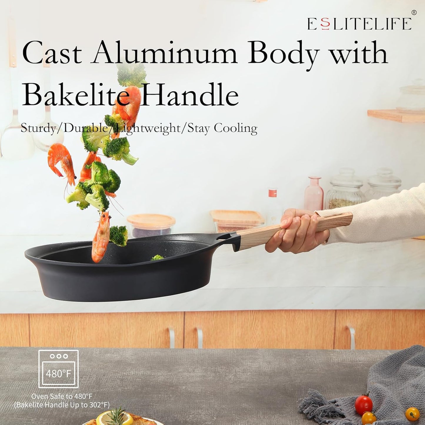 ESLITE LIFE Nonstick Deep Frying Pan Skillet with Lid, 9.5 Inch Healthy Granite Coating (Black)