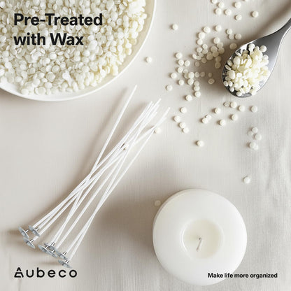 Aubeco 80 Pcs 4/6/8 inch Pre Waxed Candle Wick with 80 pcs Wick Stickers and 10Pcs Candle Wick Holders, Bulk Cotton Candle Wicks for Candle Making, Soy Wax