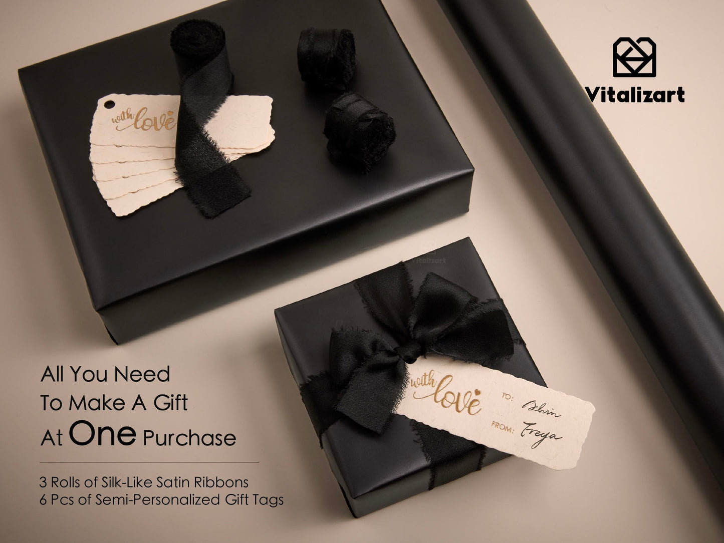 Vitalizart Black Matte Metallic Wrapping Paper Set 17" With Silk Satin Ribbon & Gift Tags Christmas Gift Wrapping Birthday Baby Shower Wedding Bouquets Handmade Crafts 197"(16.4 Ft) Black Ribbon