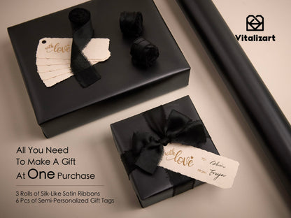 Vitalizart Black Matte Metallic Wrapping Paper Set 17" With Silk Satin Ribbon & Gift Tags Christmas Gift Wrapping Birthday Baby Shower Wedding Bouquets Handmade Crafts 197"(16.4 Ft) Black Ribbon