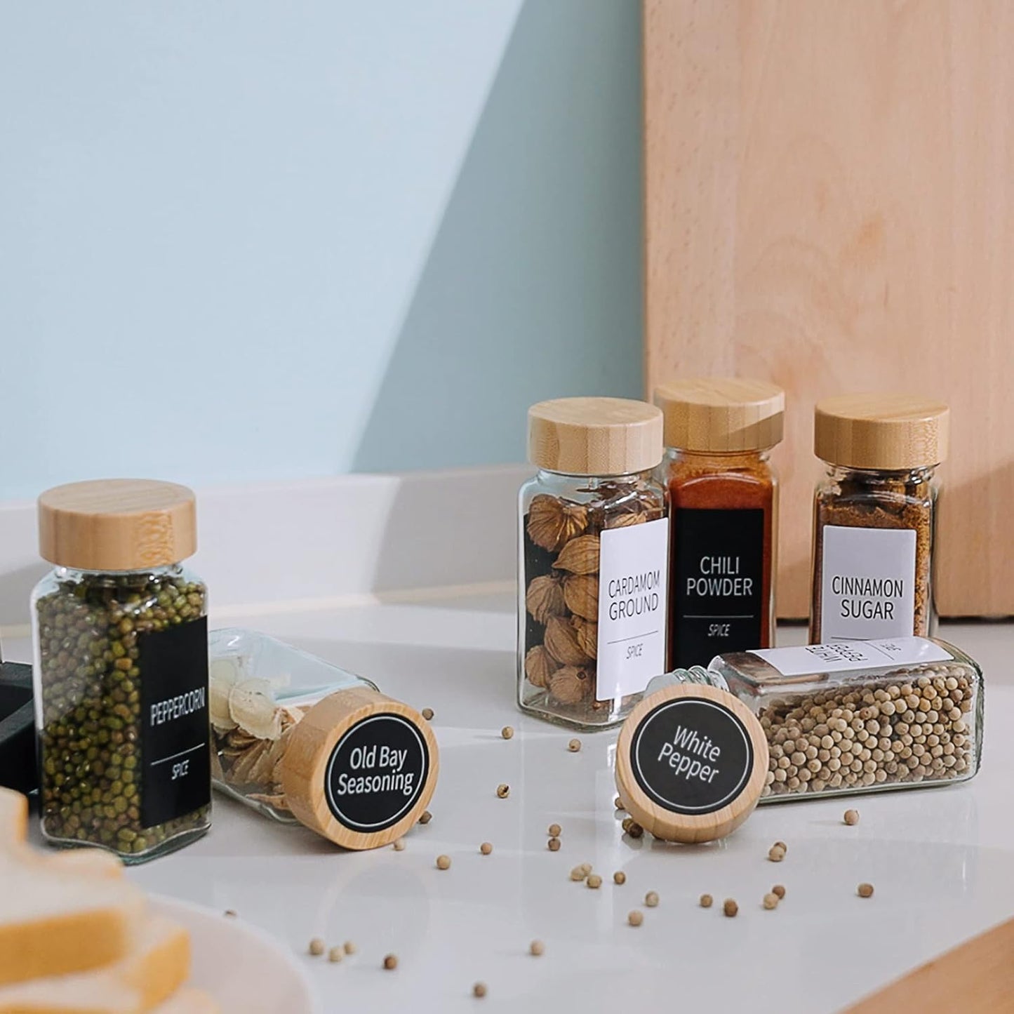 24 4 Oz 547 3 Churboro Spice Jars with Labels & Bamboo Lids - Glass Containers with Shaker Lids, Spice Labels