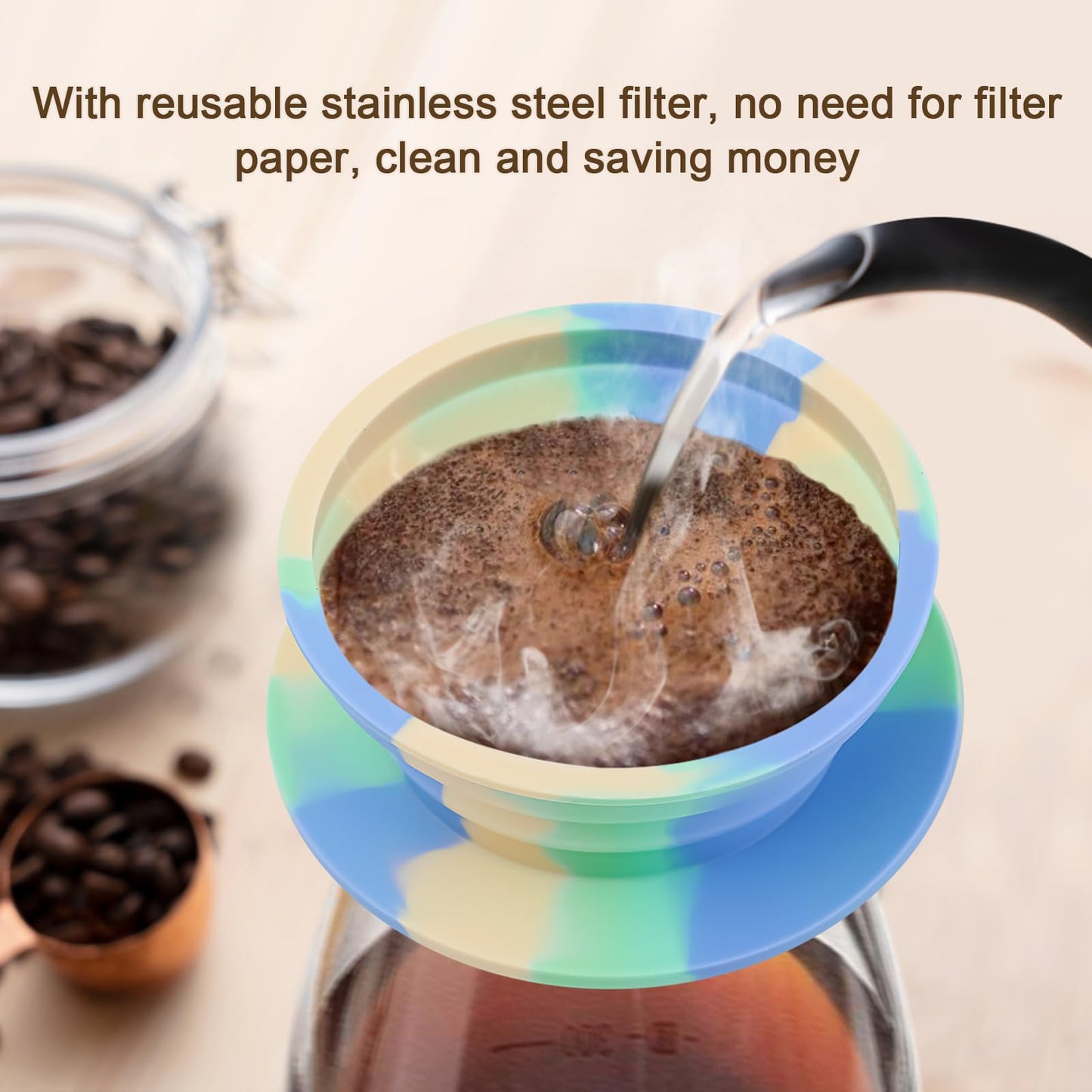 VVGCS Collapsible Travel Pour Over Coffee Dripper Kit Single Cup, Paperless Camping Pour Over Coffee Maker with Metal Filter, Backpacking Manual Coffee Maker for Camping Coffee