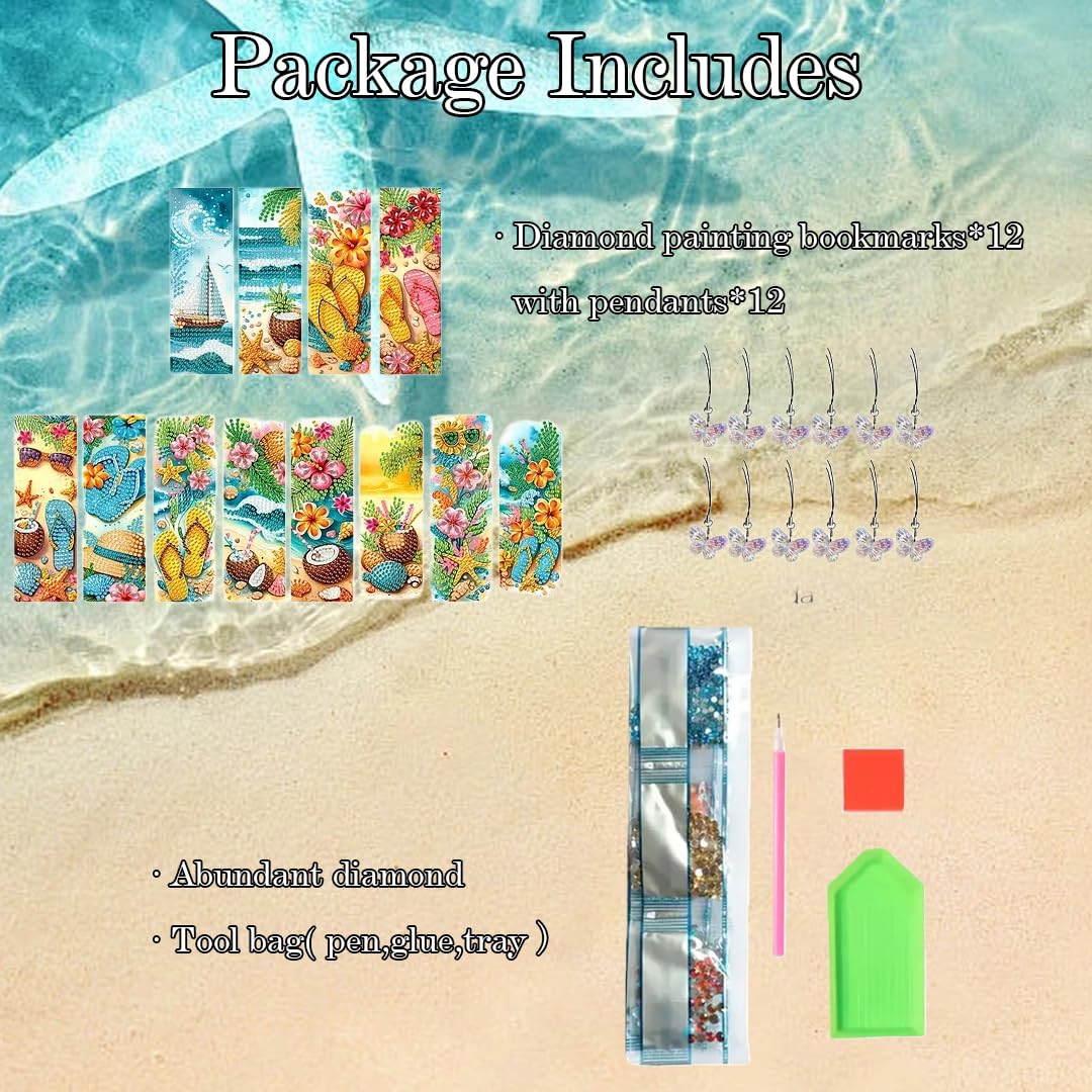 12 Pcs Diamonds Painting Bookmarks Diamond Art Kits for Adults DIY Full Round Gem Crystal Art Bookmarks with Pendant Home Office Supplies for Reading Lovers