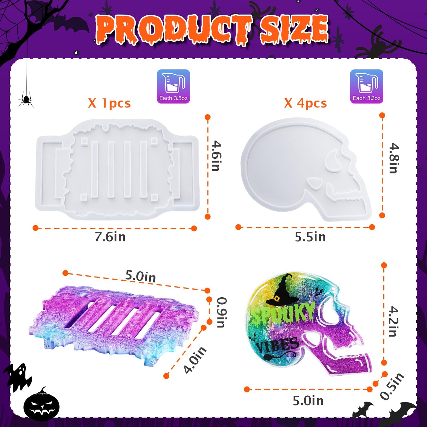 LET'S RESIN 4 Pcs Skull Coaster Resin Molds, Coaster Silicone Molds with Holder, Halloween Coaster Molds for Epoxy Resin, Skull Coasters Decoration for Festival, Ideal Gifts for Crafter and Artist