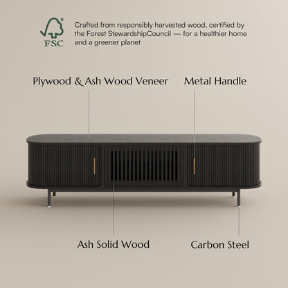 POVISON Fully-Assembled Mid Century Modern TV Stand, Sliding Tambour Door Entertainment Center with Storage, Wood TV Console, Media Console for Living Room Bedroom(Black, 78.74")