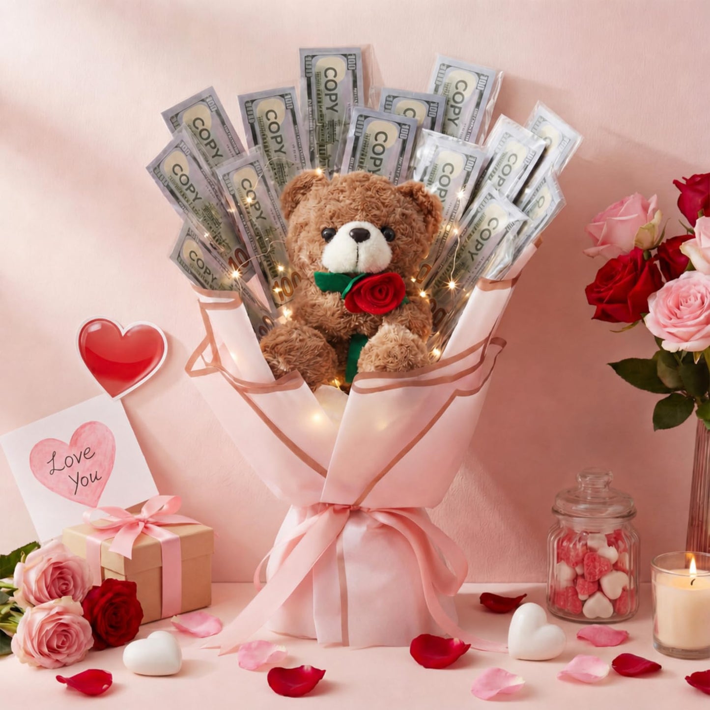 Mimorou DIY Money Bouquet Kit with Teddy Bear, Graduation 2026 Gift, Cash Flower Bouquet Wrapping Set for Birthday, Anniversary Present for Wife Grandma(Floral Bear,Pink Gold)