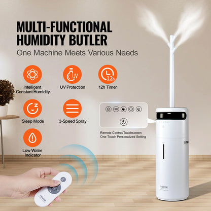 VEVOR Humidifier for Home Large Room, Commercial Humidifier for Whole House 1291.7 sq ft, 16L Water Tank & Night Light & 12h Timer & Auto Shut-Off, Greenhouse, Commercial Branch Tube w/ 360° Nozzle