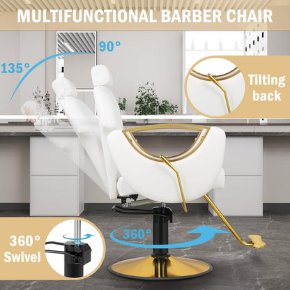Tythical Salon Chair for Hair Stylist, Reclining Hair Salon Chair for Home, Barber Styling Chairs with Heavy Duty Hydraulic Pump, 360 ° Swivel, Multi-Function Beauty Spa Equipment Cream White Gold