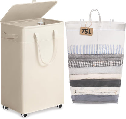 75L 16.5" 12.5" 27.5" Goodpick White Laundry Basket with Wheels, Rolling Laundry Hamper for Bedroom Bathroom, Foldable