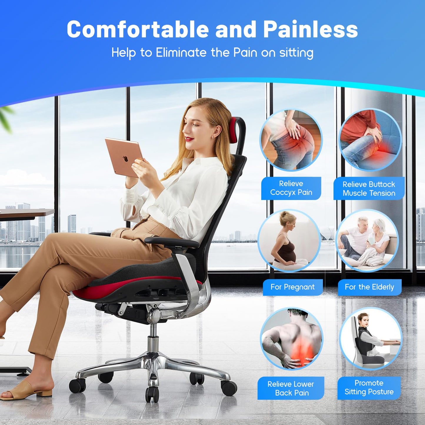 Soft Support Memory Foam Seat Cushion - Wide Cushion for Wide Hip Office Workers, Car Drivers - Sciatica,Tailbone Pain Relief,Office Chair Cushion & Car Seat Cushion (Gray)