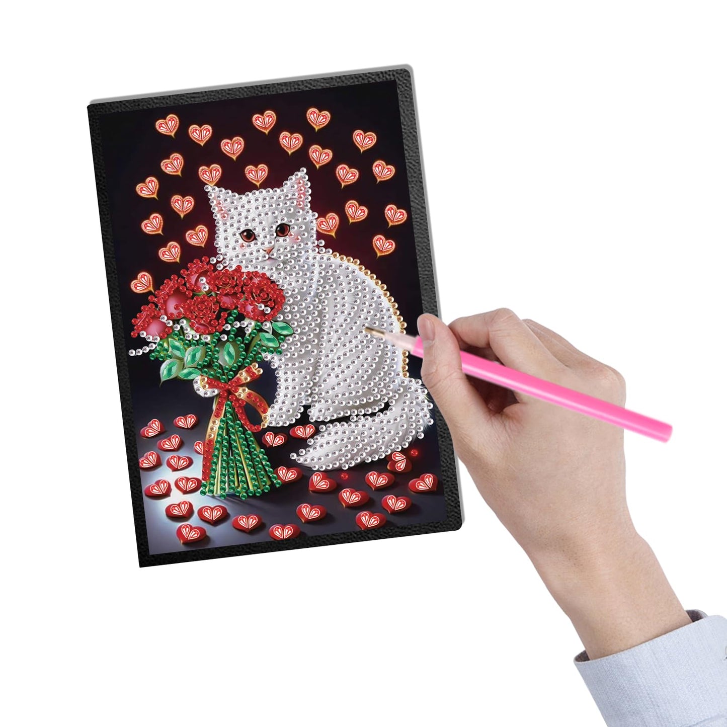 SHEGZHUC Diamond Painting Notebook Journal A5 Blank 14.5x21cm/5.7×8.26in Diamond Painting Composition Journaling Notebooks Notepad Sketchbook Diary Special Drills Girls Gifts || Cat Rose Heart Flowers