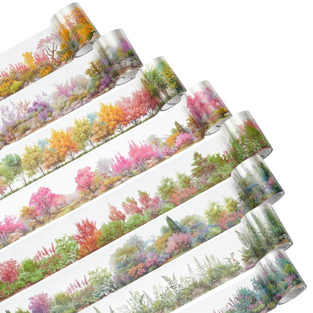 FREEBLOSS 8 Rolls PET Tape Set Self-Adhesive PET Tape Stickers Floral and Botanical Pattern Transparent Decorative Tapes Bulk for Scrapbook Crafts Notebook Album Gift Wrap, (2" Wide, 2M per Roll)