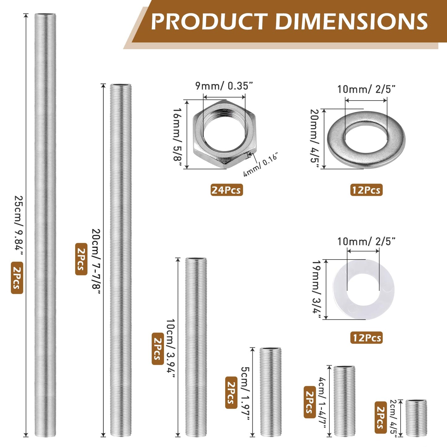 Stainless Steel Lamp Pipe,Lamp Repair Hardware Assortment,SS304 Lamp Assembly Hardware Including 10" Nipples,Washers & Locknuts.Threaded Lamp Rod for Outdoor Lamps (304 Stainess Steel)