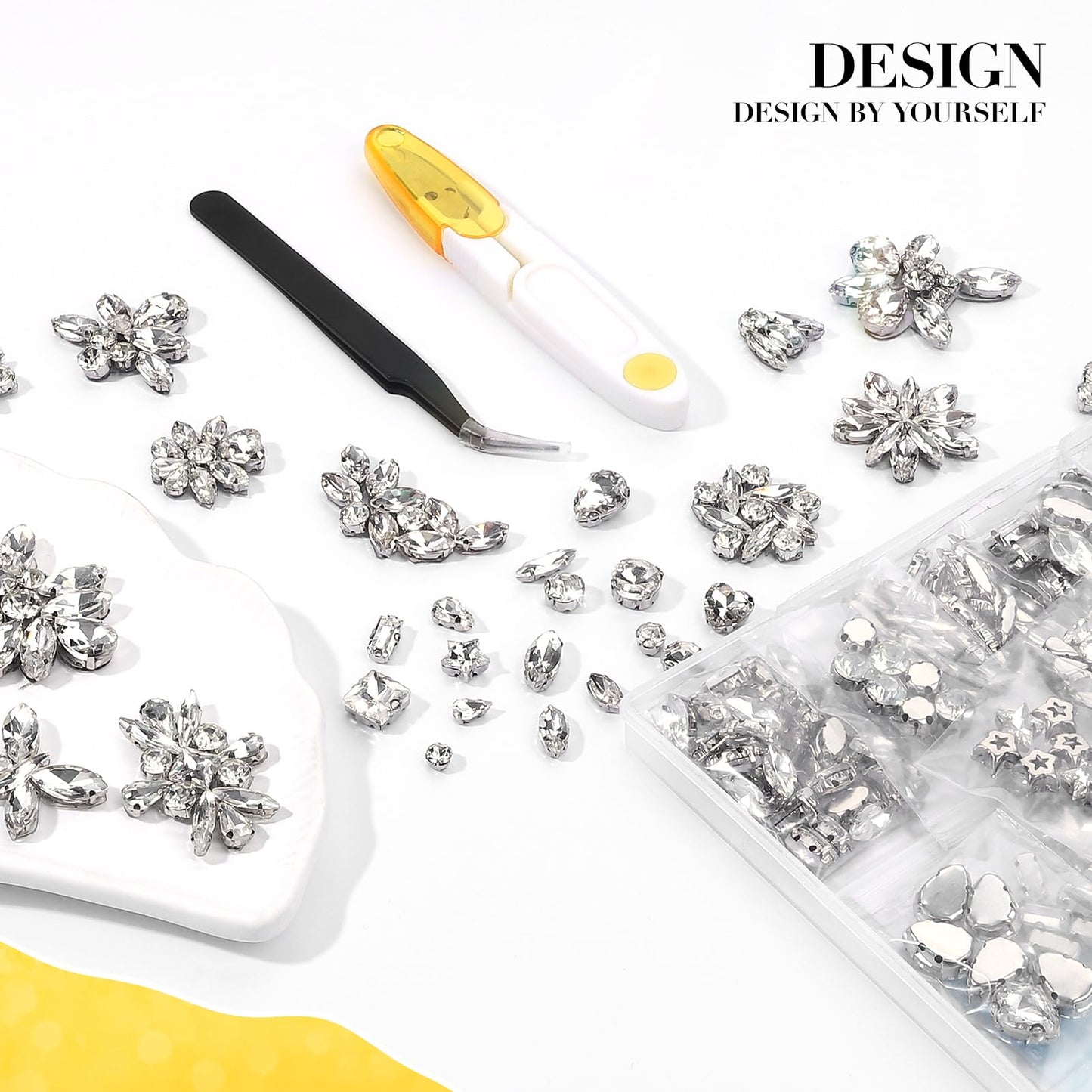 YHMQDU Sew on Rhinestones 205 PCS Glass Mixed Shapes Sew on Crystal Gems Flatback with Silver Claw for Jewelry Crafts Clothes Shoes Costume (Sliver Rhinestones)