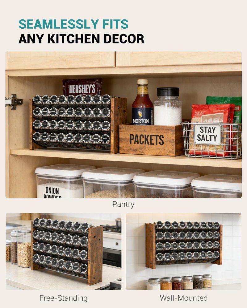 NESAPTO Spice Rack Organizer for Cabinet, Wood 4-Tier Vertical Seasoning Organizer, Wall Mount or Countertop Spice Shelf, Holds 36 Jars (No Jars Included), 17.2" W x 9.4" H