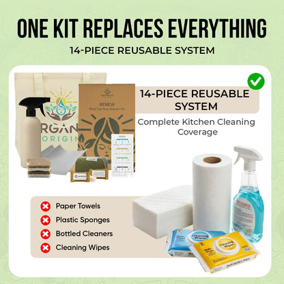 Lifecircle Kitchen Cleaning Kit 14 Piece – Swedish Dishcloths, Dish Towels for Kitchen, Plant-Based Sponges, Reusable Paper Towels, Cleaner Tablets & Spray Bottle by Organic Origin
