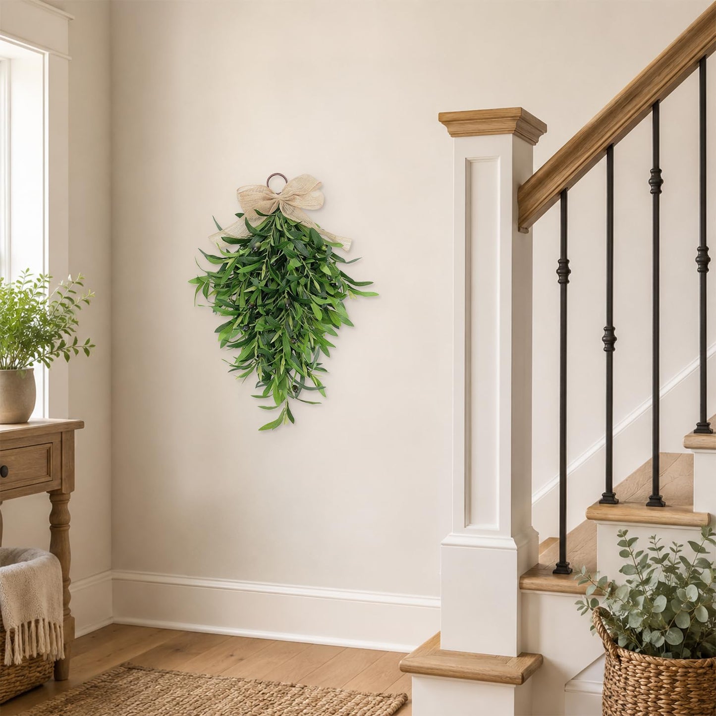 Artificial Olive Teardrop Swag Wreath for Front Door - 22 Inch Faux Greenery Wall Decor with Burlap Bow - Farmhouse Olive Branch Swag for Indoor Kitchen Entryway Wedding Arch